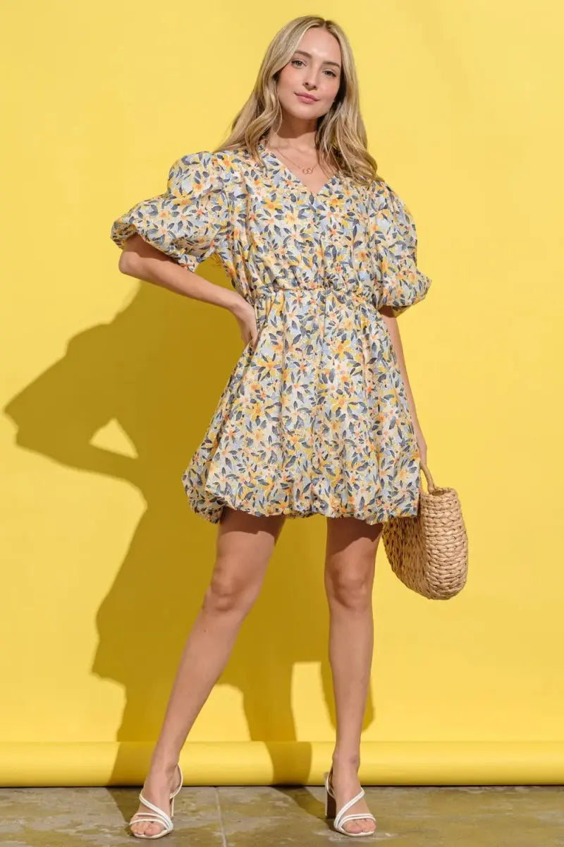 And The Why Full Size Floral Surplice Puff Sleeve Dress - Love Salve